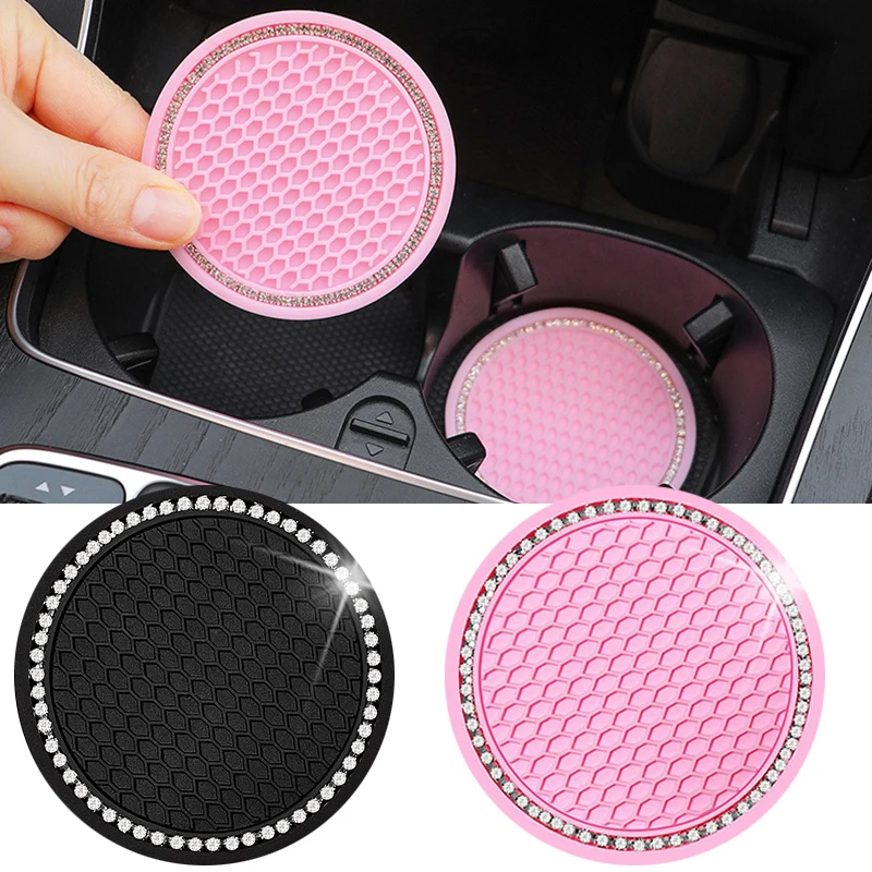 

2pcs Car Water Cup Pad Non-slip Diamond Rhinestone Rubber Mat for Bottle Holder Coaster Auto Interior Anti-skid Cup Holders 7cm