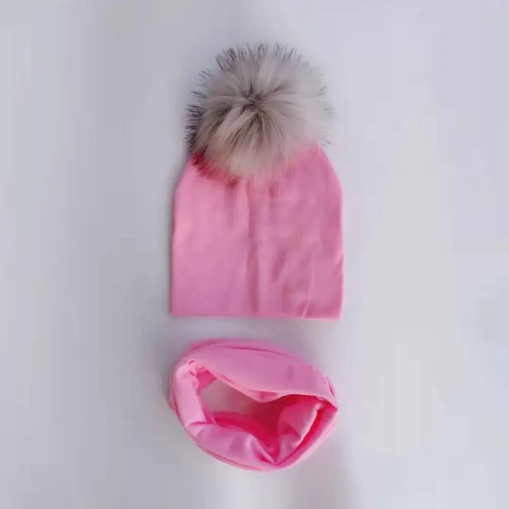 1 pink Детская шапка с помпонами, осенне-зимние детские шапки для девочек и мальчиков, детская шапочка, шапка с воротником, шарф, комплект, детская шапка, реквизит для фотосессии - Цвет: 1 pink