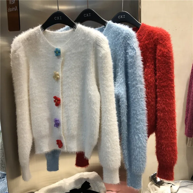 Женский кашемировый кардиган элегантный вязаный с круглым вырезом и пышными