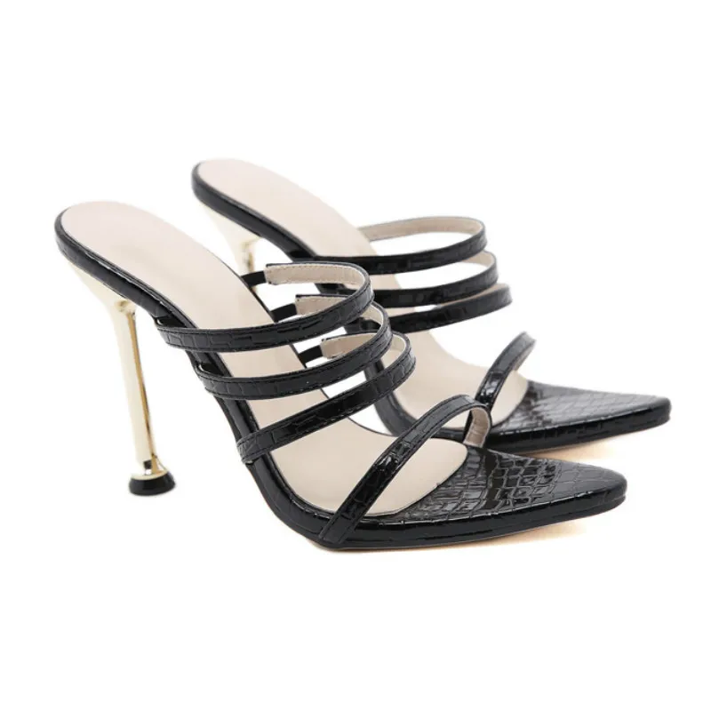 

HOKSZVY Sexy PU Women Mules Summer Head Pointed Toe Metal Sequins Thin High Heel Fashion Slip On Slides Ladies JXQ-769-5