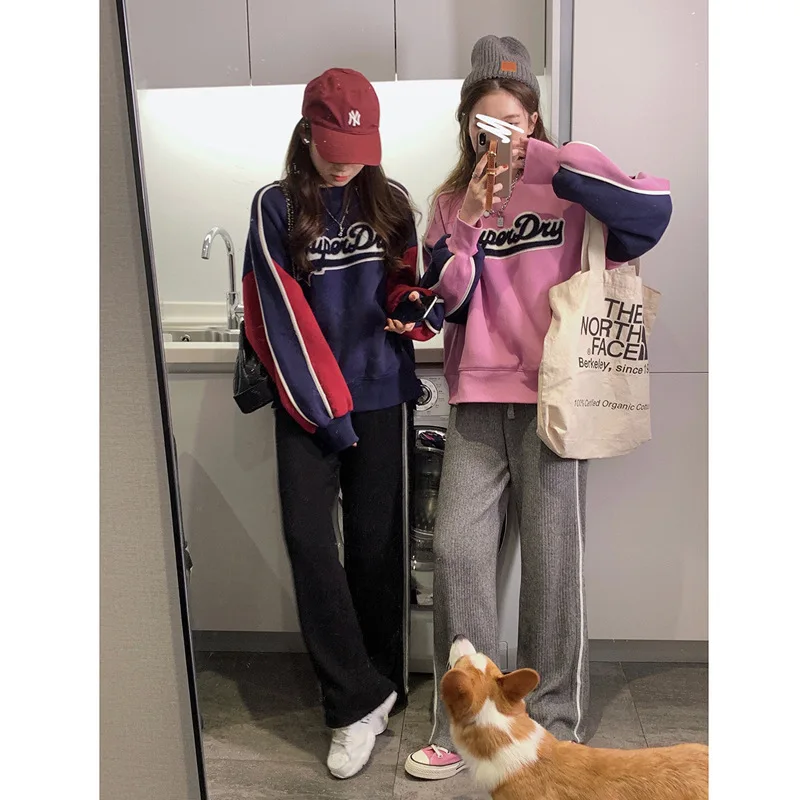 

Jane Deiune 2021 Autumn Winter Women Patchwork Letter Print Plush Loose Sweatshirt Girl Casual Streetwear Cool Style Pullovers