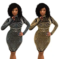 2021 exquisite fashionable sexy night club party dress half high neck encrusted with diamonds long sleeve ladies hip wrap skirt