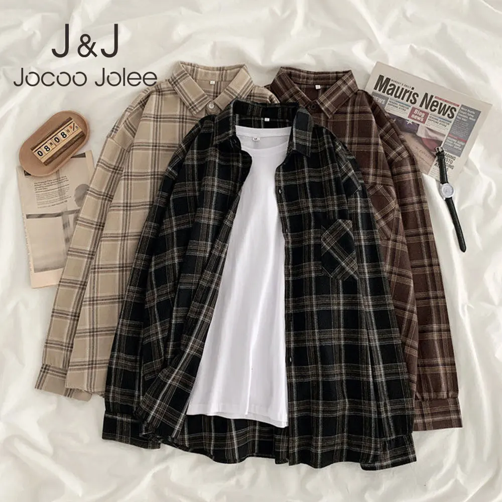 

Jocoo Jolee Vintage Plaid Oversized Blouse Korean Harajuku Long Sleeve Women Shirt Jackets Autumn Turn Down Collar Outerwear Top