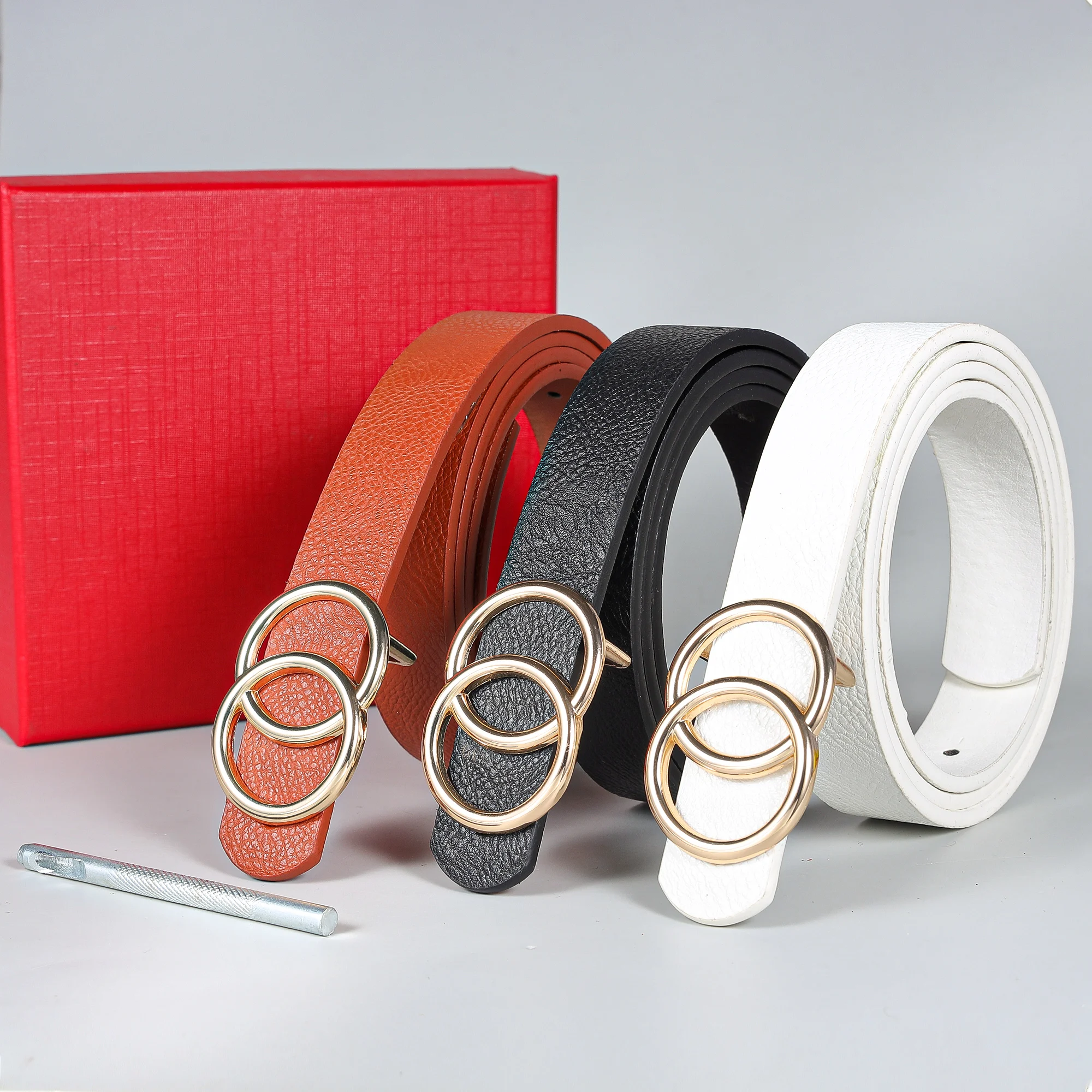 

3pcs/set Women Fashion Leisure Metal Gold Double Ring Buckle Belt Smooth Leater Edge Belt Simple Solid Color Adjustable Belt