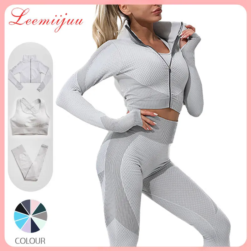 

LEEMIIJUU Autumn Women's sports suit 3 piece sets seamless Leggings Yoga clothes Long sleeve top set gym clothing