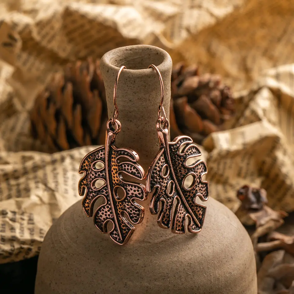 Винтажные этнические богемные серьги-подвески в виде розового золота с листьями