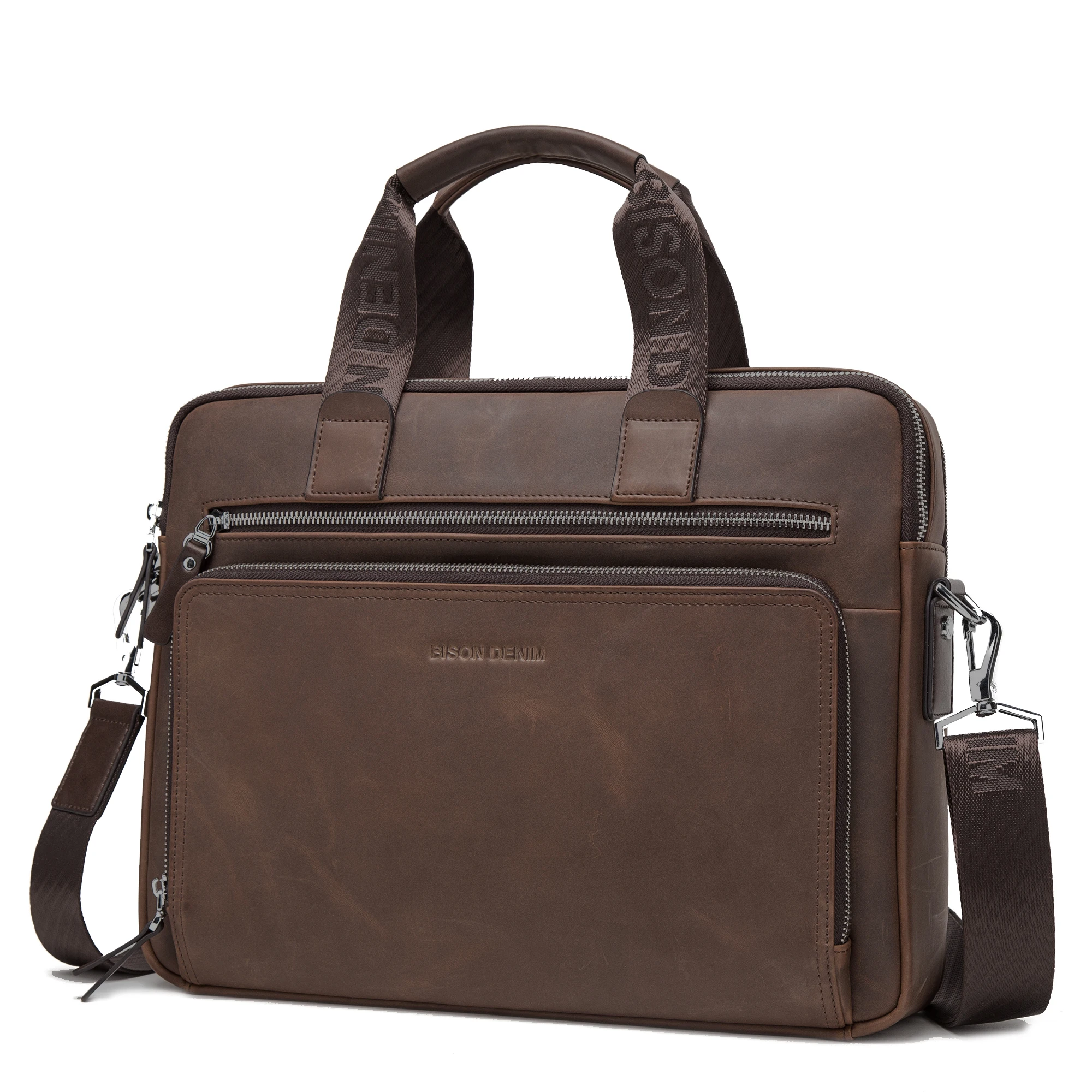 Бренд BISON DENIM, мужской портфель, сумка-портфель, Сумки из натуральной кожи, 14 дюймов, сумка для ноутбука, бизнес сумки через плечо, N2333-3