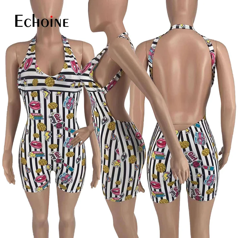 

Echoine Sexy Personality Print Vest sleeveless Bodycon Women one piece jumpsuit Summer Beach Party Playsuits Short Pant Rompers