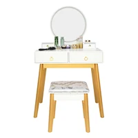 Bedroom Light Luxury Real Wood Dressing Table Simple Makeup Table With 4 Drawer & Lamp 3 Color Adjustable[US-Stock]