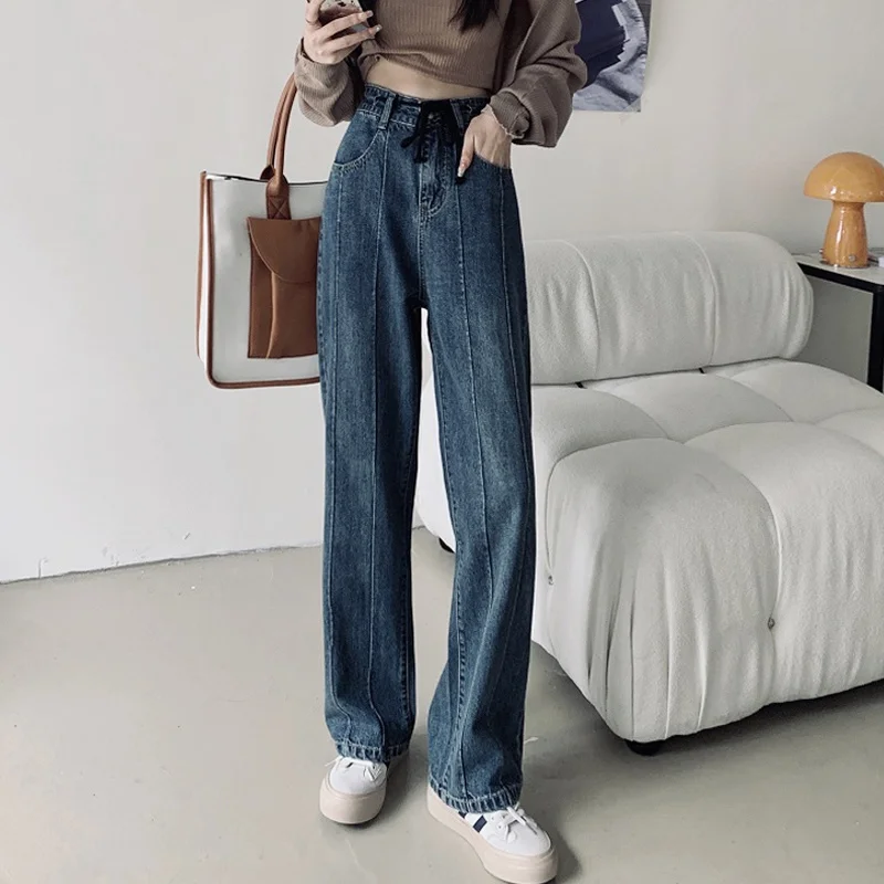 

High Waist Straight Jeans Women's Clothing Spring and Autumn 2021 New Chic Hong Kong Style Pants Loose Vertical Feeling Wide Leg