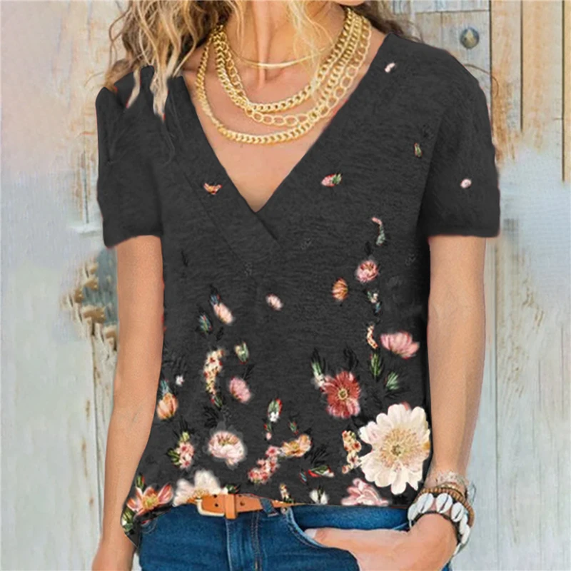 

Women Flower Printed T Shirt V Neck Short Sleeve T Shirt Ladies Causal T Shirt 2021 Fashion 5 Color Tops