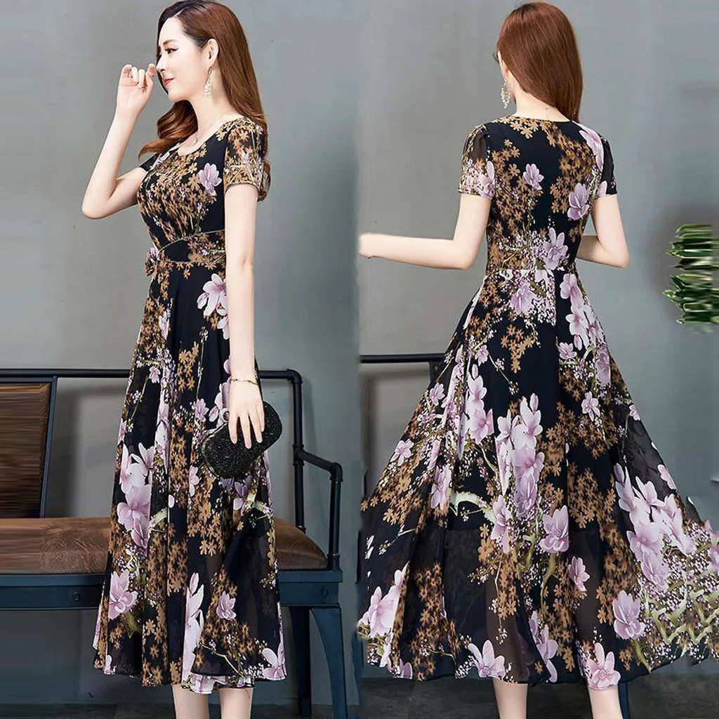 Модное повседневное женское длинное платье с цветочным принтом летнее шифоновое