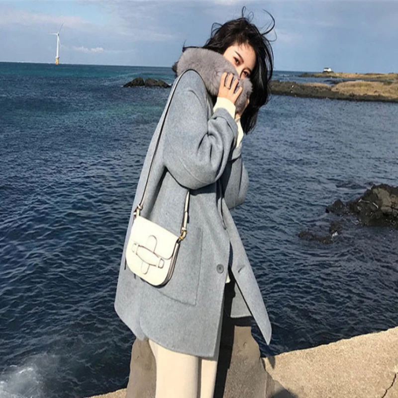 

Korean Casual Loose Front-Button Women Woolen Coat Turn-Down Collar Full Sleeve Winter Coat Outwear Thick Female Blend Coat