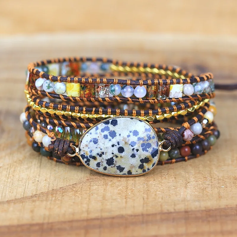 

Leopard Vintage Natural Stone Egg-shaped Multilayer Bracelet, Natural Crystal Mixed Woven Bracelet