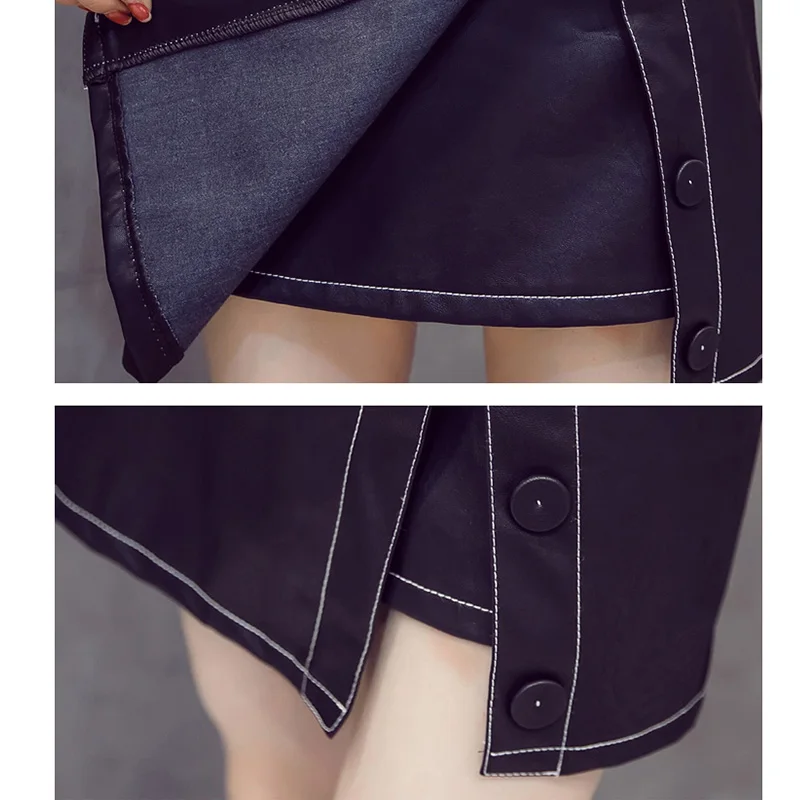 Женская миди юбка искусственная кожа черная высокая талия сексуальная скошенная