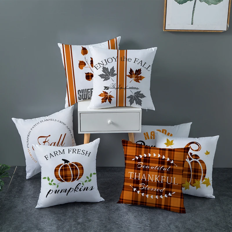 Обложки подушек с осенней тыквой 18x18 дюймов для декора фермерского стиля на День Благодарения - подушки с клетчатым принтом "Счастливы".
