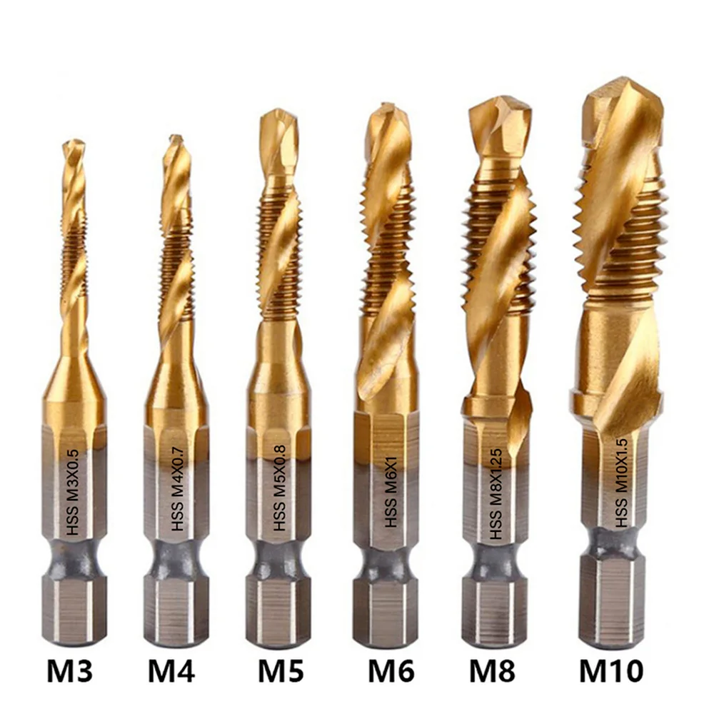 

Multi-style One Piece Hexagonal Shank Titanium-plated High-speed Steel Composite Metric Thread Tap Drill Bit M3 M4 M5 M6 M8 M10