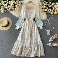 ladies dress palace style dress new summer retro heavy industry embroidered lace square collar slim long ruffled skirt
