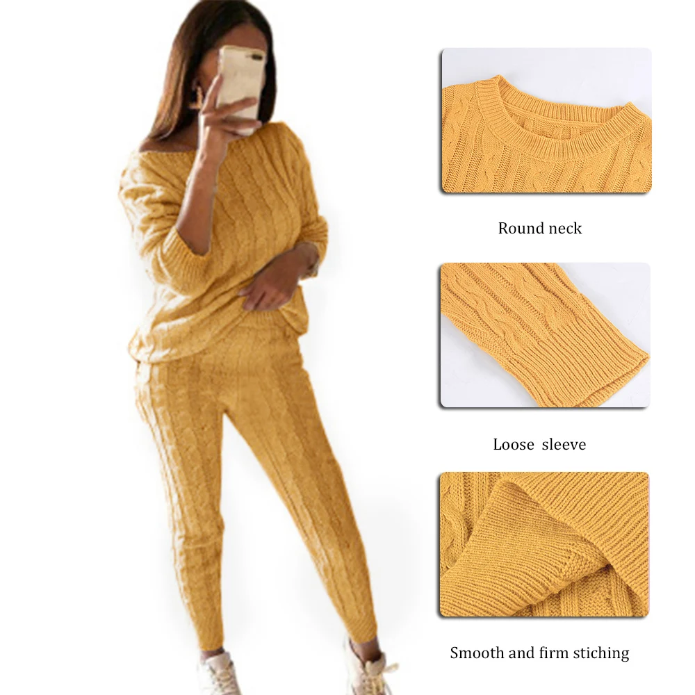 

Sfit Spring Cotton Tracksuit Women 2 Piece Set O-Neck Sweater Top+Elastic Waist Pant Knitted Suit Women Coat 2 Piece Set