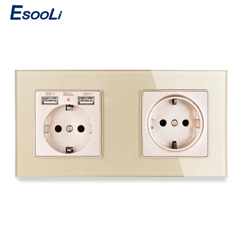 Esooli 2 Gang настенная розетка стандарта ЕС роскошная панель из хрустального стекла с