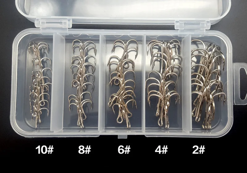 

50pcs/lot In Storage Box Sharpened Treble Hook Size 2/4/6/8/10 Barbed Fishhook Silver/Black Color X235 Fishing