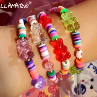 bohemian rainbow gummy bear star clay beaded bracelets for women girls yin yang shiny crystal beads strand bracelet jewelry gift
