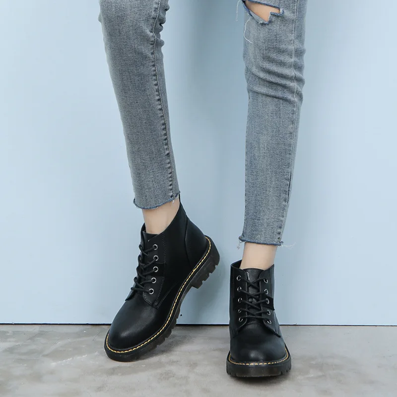 

England Style Women Martin Boots Zip Leather Ankle Boots High Platform Black Lace Up Lady Winter Shoes Booties zapatos de mujer