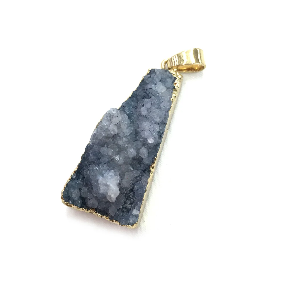 

Trapezoidal Druy Blue Agates Pendant Reiki Healing Natural Stone Amulet DIY Jewelry Making Size 20x40mm