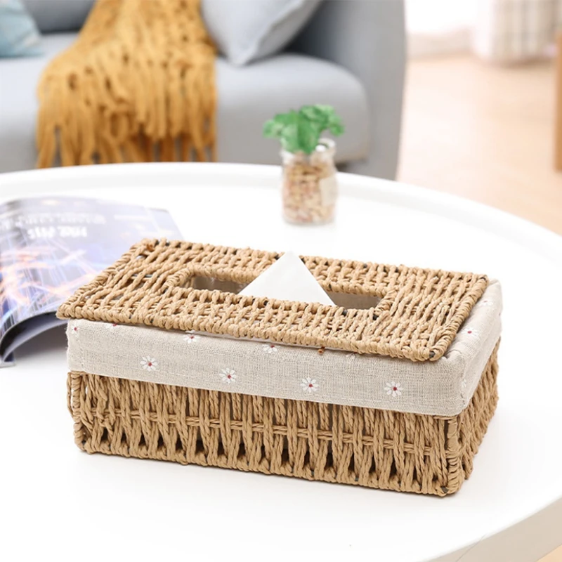 Creative Handmade Rattan Tissue Box Household Paper Storage Basket Home Decoration Khaki Floral Style 1 PCS