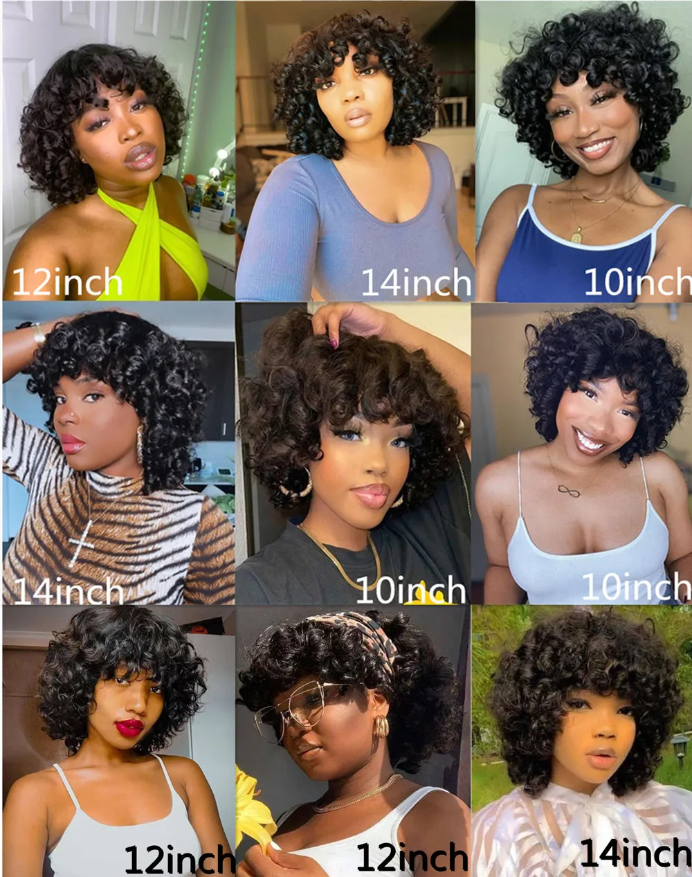 Fluffy Bouncy Curly Human Hair Wigs with Bangs Glueless Peruvian Remy Funmi Curls Short Bob Full Machine Made for Women | Шиньоны и
