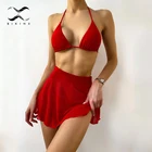 2021 Сексуальная Однотонная юбка, купальник для женщин, треугольный микро бикини, набор, высокая талия, купальник, стринги, купальный костюм, красный купальный костюм