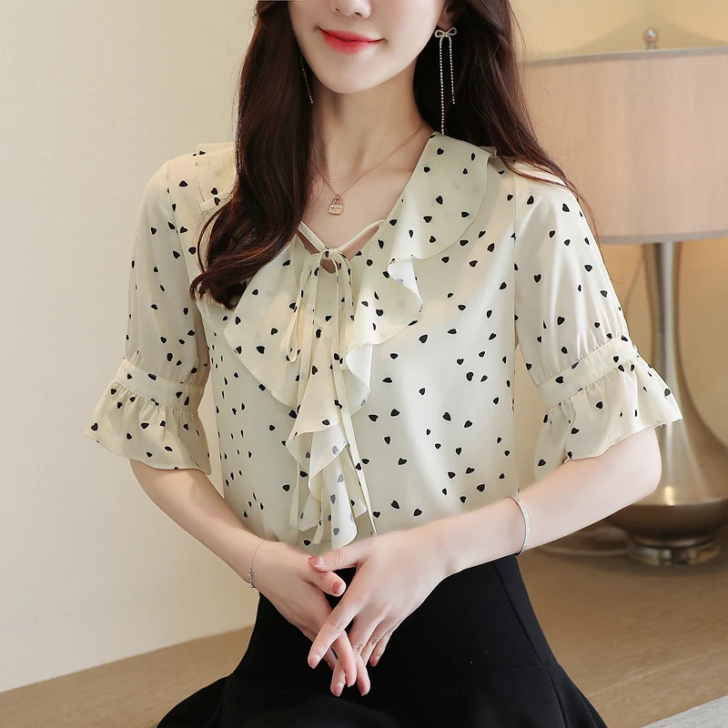 

Chiffon Slim Women's Blouses New Casual Blouse Fashion Short Sleeve Top Bow Tie Polka Dot Pullover Summer Houthion