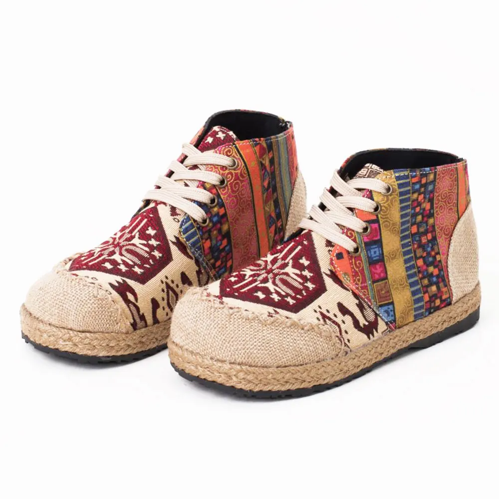 

Высокие женские повседневные льняные кроссовки на плоской подошве с хлопковой вышивкой, холщовые кроссовки ручной работы на шнуровке с тол...