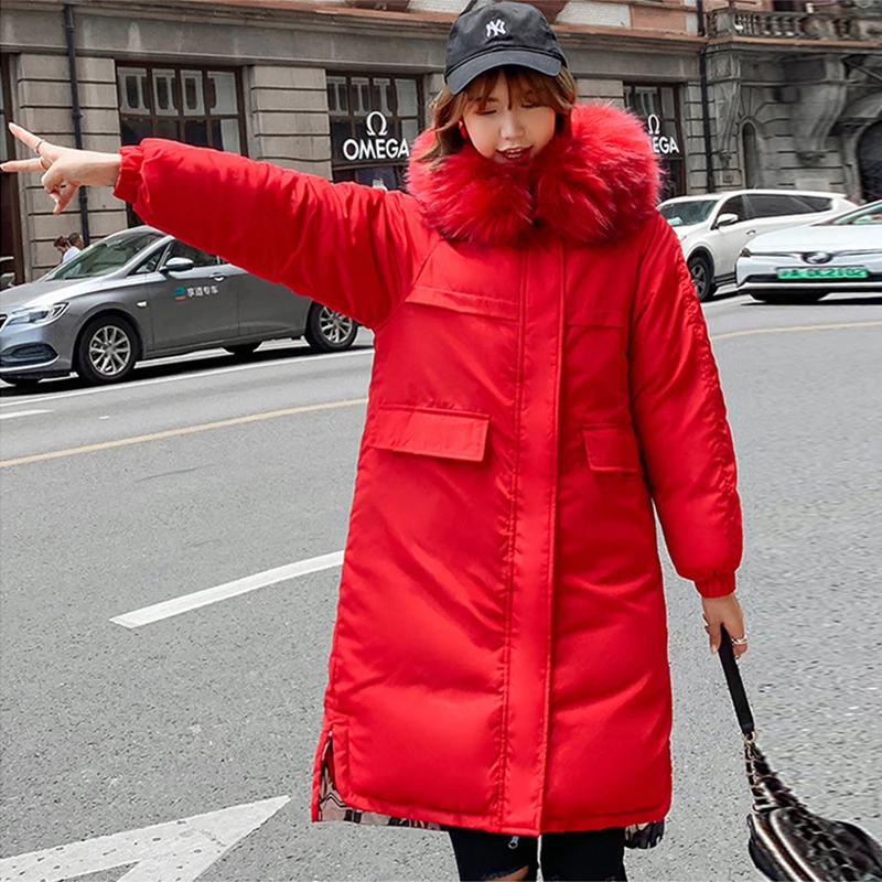 

Fashion Double-sided Wear Solid Color/Street Printing Lengthened Cotton Coat Wool Collar Hooded Winter Warm Korean Design Coat