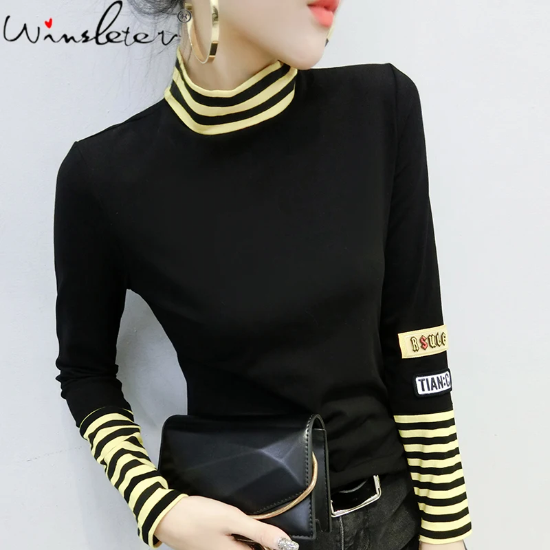 Осенне-зимняя футболка в Корейском стиле шикарное лоскутное Полосатое плотное