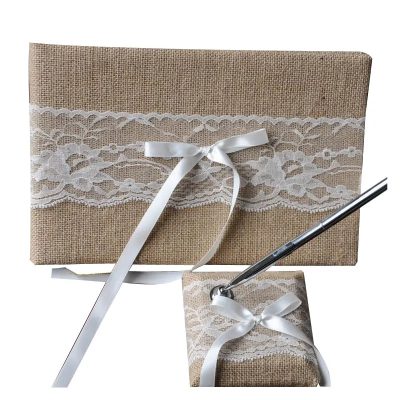 

Satin Rhinestone Wedding Accessories Lace and Rustic Guest Book and Pen Set Decor For Rustic Wedding Ceremony Party Favor