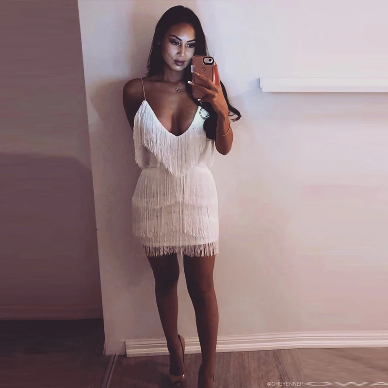 Slaygirl белое летнее платье белые вечерние Клубные Сексуальные Платья с кисточками женское элегантное мини-платье без рукавов с v-образным вырезом и открытой спиной на каждый день