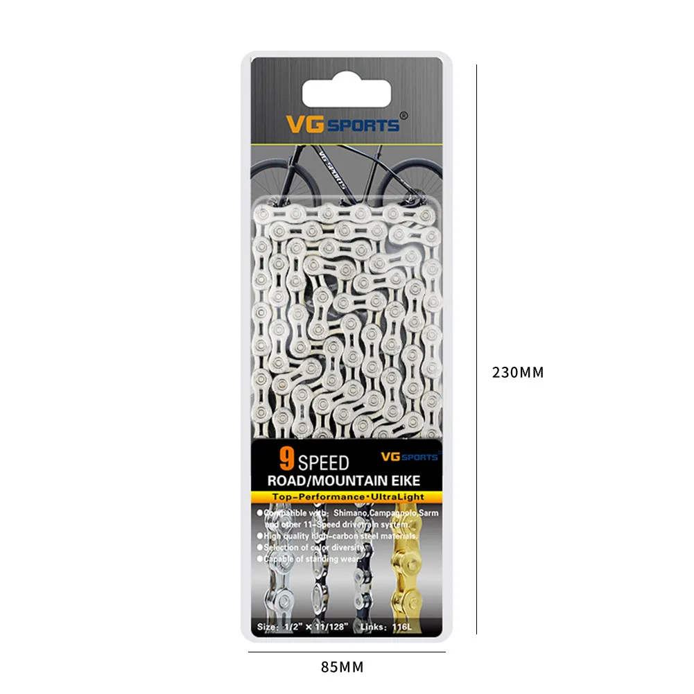 

VG Sports Gold/Silver Bicycle Chain 116 Links 9/8/10s speed MTB Road Bike Half Hollow Chain Titanium Rainbow