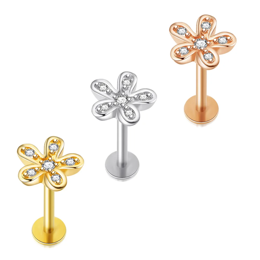 

1PC16G 2021 Stainless Steel CZ Cartilage Labret Lip Earring Flower Safety Pin Helix Tragus Conch Stud Ear Piercing Jewelry