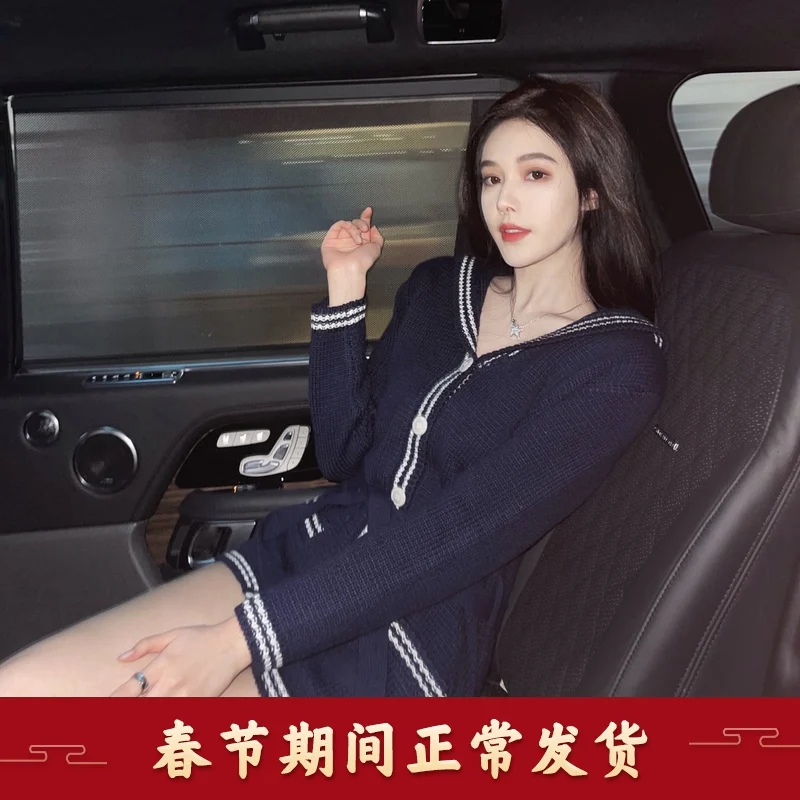 

Navy style hooded knitted sweater long sleeve dress women sexy slim short skirt spring and Autumn New