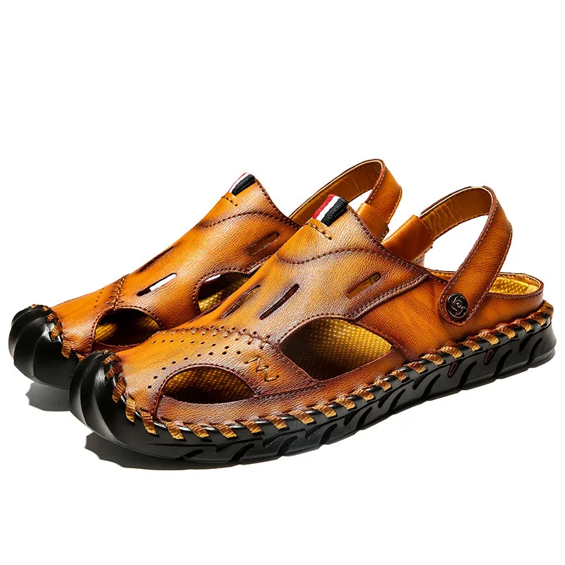 VastWave Summer Cow Leather Men's Sandals Beach Shoes Handmade Outdoor Casual Man Soft Luxury Hollow Sandalias | Обувь
