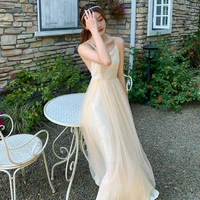 sexy backless spaghetti strap apricot dress solid female dresses vestidos 2021 women fairy mesh beach holiday summer party dress