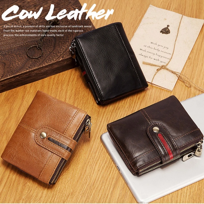 

Men RFID Blocking Wallet Vintage Leather Short Purse Bifold with Coin Change Pocket Large Capacity 066C