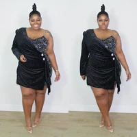 women plus size dress sequins one shoulder full sleeve zip asymmetrical skinny black dresses sexy night clubwear autumn outfit