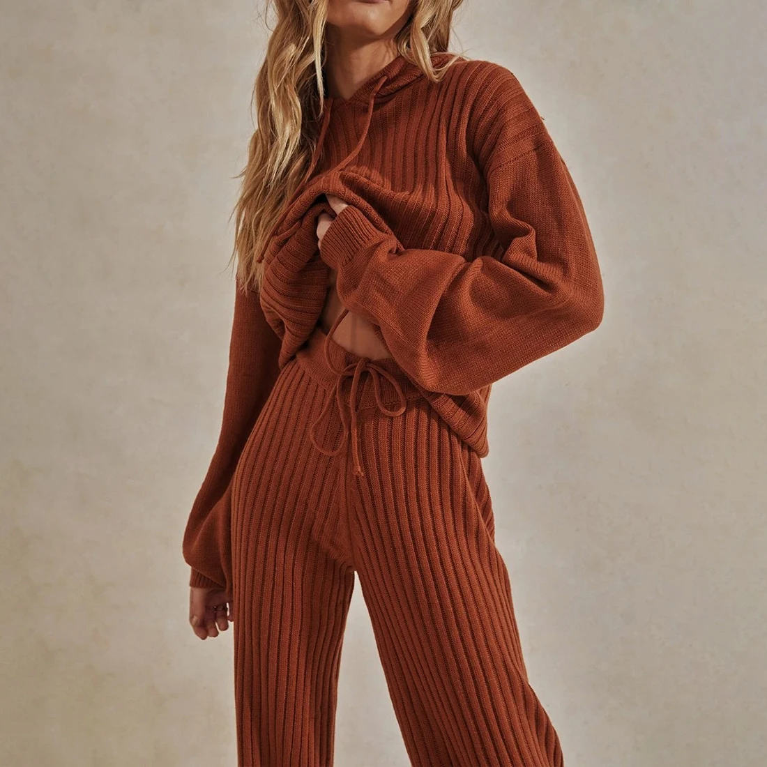 LOOZYKIT Knit Suit Solid Color Women Two Piece Outfit Warm Hoodies Loose Sweater Long Drawstring Pants Casual Set | Спорт и