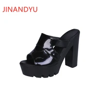 high heels women chunky slippers patent leather sandals women red black platform shoes new slippers woman sandals high heel