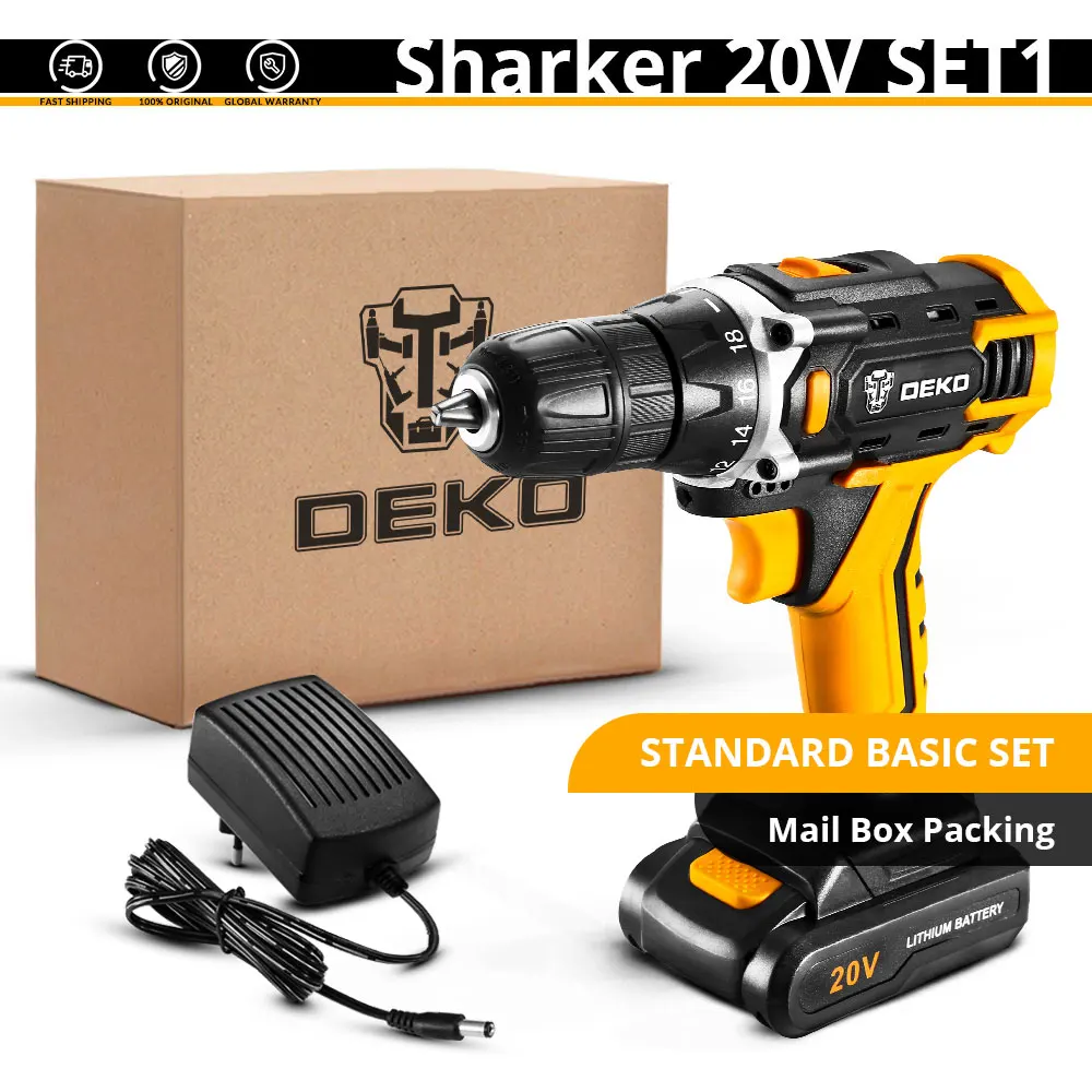 Sharker 20V SET1 DEKO, новинка, шуруповерт, 20 в, Аккумуляторная дрель, Электрическая отвертка, Мини, беспроводной драйвер питания, DC, литий-ионный аккумулятор, 3/8 дюйма, 2 скорости - Цвет: Sharker 20V SET1