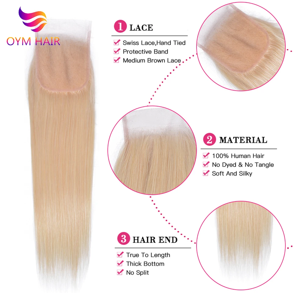 OYM волосы 613 медовый блонд пряди с закрытием бразильские Remy прямые человеческие