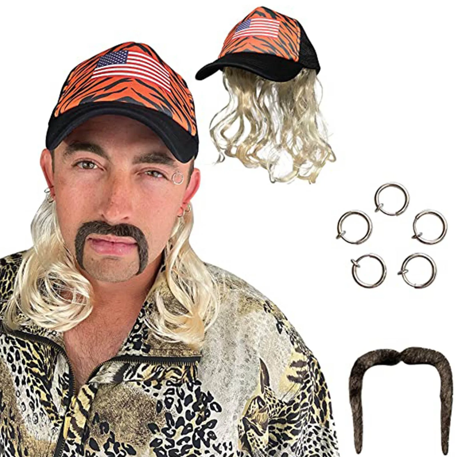 

Tiger King Costume Set - Joe Exotic Cosplay - Blonde Wig With Hat, Clip Earrings, And Mustache - Fits Kids And Adults