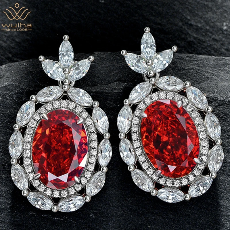 WUIHA Top Quality Real 925 Sterling Silver Crushed Ice Cut 9*13MM Ruby Gem Created Moissanite Wedding Drop Earrings Fine Jewelry